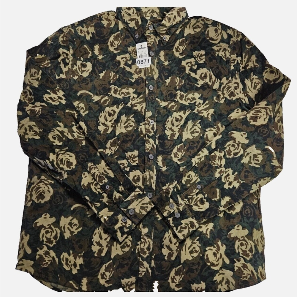 Express Black Corduroy Shirt Mens M Green Floral Button Down Long Sleeve